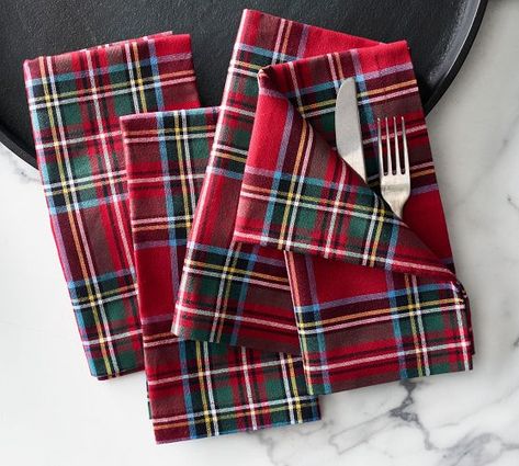 Christmas 2022: Decorations, Holiday Ornaments & Lights | Pottery Barn Pottery Barn Christmas Decor, Stewart Plaid, Plaid Napkins, Pottery Barn Christmas, Linen Dinner Napkins, Holiday Table Settings, Fabric Napkin, White Napkins, Linen White