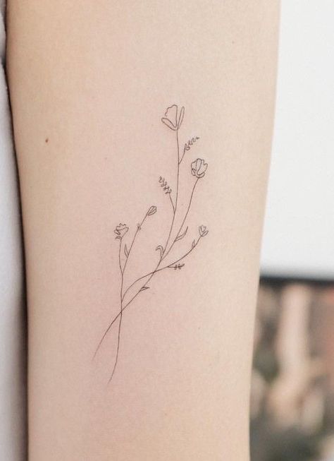 220+ Delicate Fine Line Tattoos Designs and Ideas (2022) - TattoosBoyGirl Continuous Line Tattoo Flower, Find Line Tattoo, Fine Line Wildflower Tattoo, Fine Line Tattoo Ideas For Women, Dainty Wildflower Tattoo, Small Fine Line Tattoo Women, Fine Line Orchid Tattoo, Baby Breath Tattoo, Fine Line Floral Tattoo