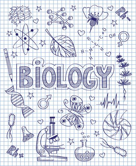 Hand drawn biology set vector illustration Biology Board Ideas, Biology Drawing, School Binder Covers, Book Cover Page Design, خريطة ذهنية, Biology Projects, School Book Covers, Book Cover Page, Bullet Journal Cover Ideas