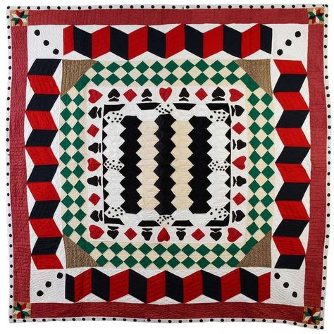 Gambler's Choice Quilt | See more antique and modern Quilts at https://www.1stdibs.com/furniture/folk-art/quilts Tumbling Blocks Pattern, Coastal Quilts, Card Playing, Tumbling Blocks, Quilt Storage, Craps, Animal Quilts, Quilts For Sale, Vintage Inspiration