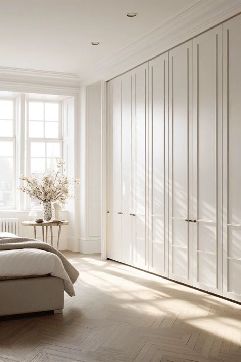 Built In Wardrobe Aesthetic, Closet Design Organization, Dressing Room Built Ins, Built Ins Master Bed, Bedroom Inspirations With Built In Wardrobe, Low Closet Ideas, Neutral Bedroom Wardrobe, Concealed Wardrobe Design, Wardrobe Wall With Desk