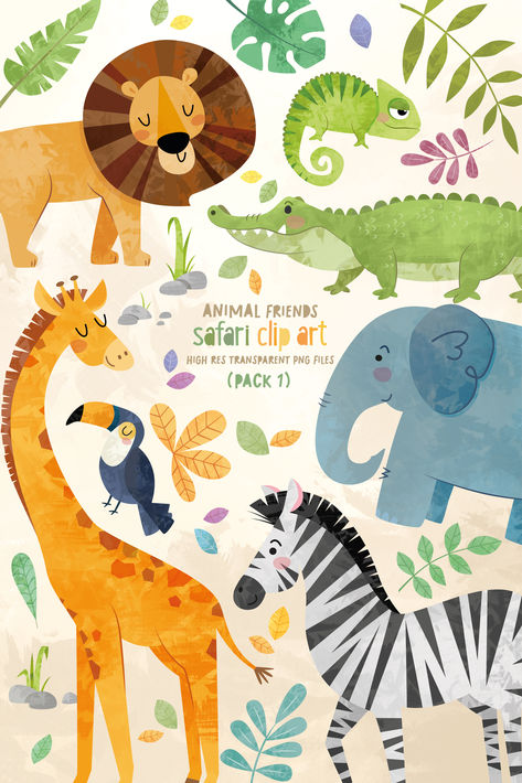 Set of cute Safari animals, all hand drawn with background Art And Illustration, Animal Clip Art, Safari Kids, Jungle Illustration, Stil Inspiration, Grad Cap, Art Bundle, Jungle Animals, Kids Prints