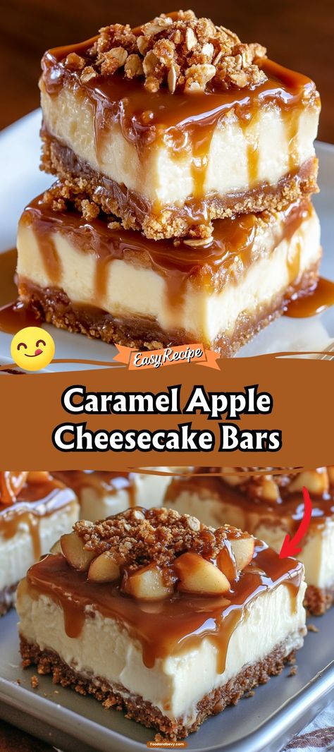 Experience autumn in every bite with Caramel Apple Cheesecake Bars. A buttery crust topped with creamy cheesecake, spiced apples, and a drizzle of rich caramel sauce—it's like your favorite fall flavors rolled into one delightful bar. #CaramelApple #CheesecakeBars #FallBaking Caramel And Apple Desserts, Apple Cheesecake With Caramel Sauce, No Bake Caramel Apple Cheesecake Bars, Cheesecake Apple Bars, No Bake Caramel Apple Cheesecake Trifle, Spiced Apple Dessert, Dessert Bars Thanksgiving, Carmel Apple Cheesecake Bars Recipe, Caramel Apple Crisp Cheesecake Bars