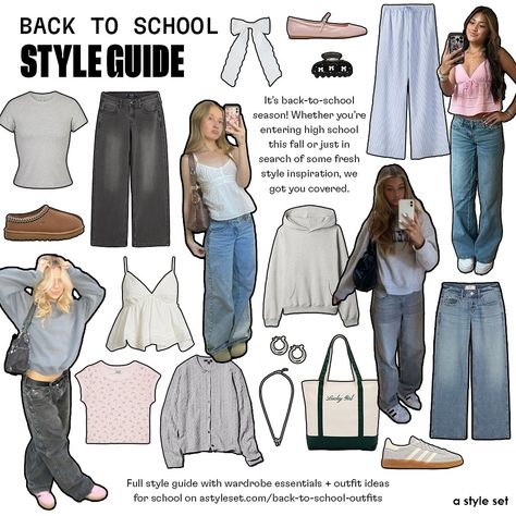 our back to school style guide is live on astyleset.com/back-to-school-outfits 💘 Shop our back-to-school style guide complete with cute and casual school outfit ideas and wardrobe essentials. Whether you’re entering high school this fall or just in search of some fresh style inspiration, we got you covered. #schooloutfits #backtoschool #fallfashion Outfits For Back To School High School, Back To School Outfits Bulletin Boards, Back To School Clothes List Elementary, Back To School Looks, 2024 First Day Of School Outfit, Week Of School Outfits, Outfits For High School, Relaxed Fit T-shirt For College, Back To School, Back To School Outfits College