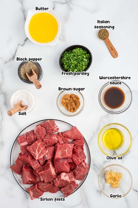 Air Fryer Steak Bites ingredients. How To Make Steak Bites, Grilled Steak Bites, Marinade For Steak Bites, Prime Rib Steak Bites, Air Fry Steak Bites, Steak Bites Recipes Air Fryer, Air Fryer Flank Steak Recipes, Easy Steak Bites Recipes, Air Fried Steak Bites