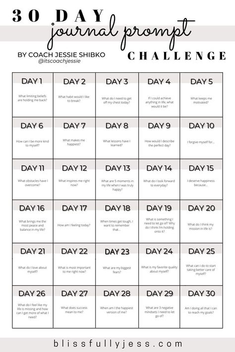 If you are wanting to get into journaling, but aren't sure where to start, this 30 Day Journal Prompt Challenge is the perfect place to start! Challenge yourself to use these prompts every day for 30 days, guiding you towards understanding yourself better. There are so many benefits to journaling and I can't wait to guide you on the process! / getting started with journaling / journaling tips / self care strategies / journal prompts / journaling inspiration // blissfullyjess.com 90 Day Journal Challenge, 15 Days Writing Challenge, Journal For Beginners Step By Step, Journal Prompts Challenges 30 Day, Writing 30 Day Challenge, 30 Days Journaling Challenge, Start Journaling Ideas, Year Of Challenges, 30 Days Journal Prompts