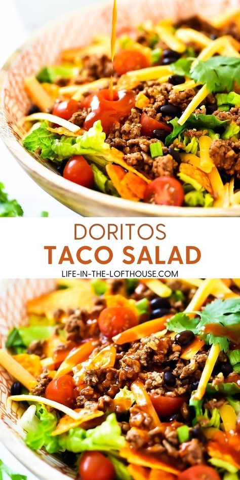 Doritos Taco Salad, Dorito Taco Salad Recipe, Easy Taco Salad Recipe, Taco Salad Doritos, Life In The Lofthouse, Doritos Taco, Seasoned Ground Beef, Mexican Salads, Taco Salads