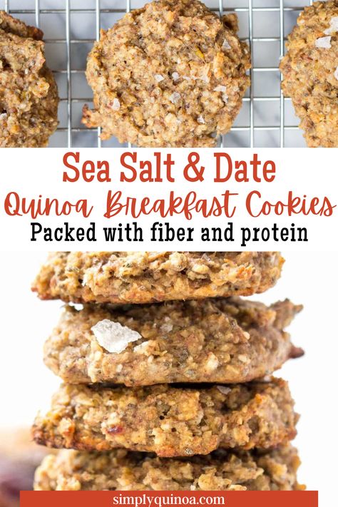 These Sea Salt and Date Quinoa Breakfast Cookies are a healthy, sweet and savory way to start the day. They are filled with protein, fiber, healthy fats and complex carbs to fill you up in the morning. Flaxseed Breakfast Cookies, Quinoa Oatmeal Cookies, Quinoa Baked Oatmeal, High Fiber Breakfast Cookies, Quinoa Breakfast Cookies, High Fiber Cookies Healthy, High Fiber Low Carb Breakfast, Healthy Breakfast Cookies Protein, Complex Carbs Recipes