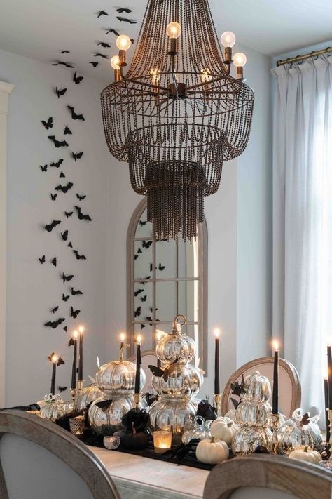 Black Butterfly Decor, Halloween Dinning Room Table Decor, Candlestick Halloween Decor, Contemporary Halloween Decor, Classy Spooky Halloween Decor, Black Butterfly Halloween Decor, Dining Room Table Halloween Decor, Classy Halloween Tablescape, Modern Halloween Party