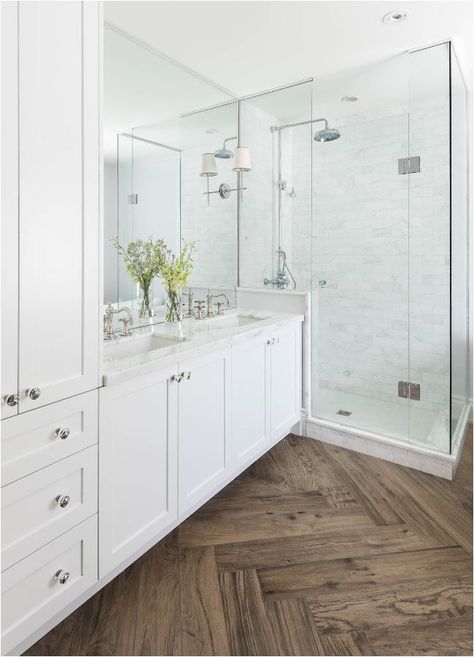 herringbone pattern, waterproof vinyl wood plank floor // Centsational Girl Makeover Kamar Mandi, Wood Plank Flooring, Herringbone Wood Floor, Herringbone Wood, Farmhouse Tile, Marble Showers, Tub Tile, Bad Inspiration, Master Bath Remodel