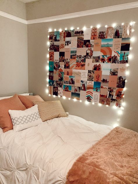 Photowall Ideas Teen Bedroom, Dorm Wall Picture Ideas, Cute Ways To Decorate Your Room With Pictures, College Dorm Room Ideas Photo Wall, Photo Collage Ideas Bedroom, Where To Put Pictures In Your Bedroom, Pictures Wall Ideas Bedroom, College Dorm Room Photo Wall, Picture Wall Ideas Teenage Bedroom