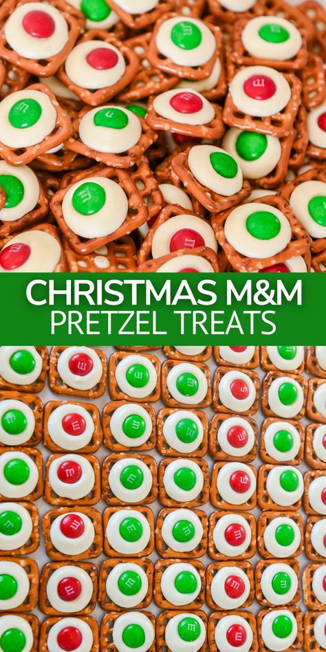 Make this holiday white chocolate M&M pretzel recipe for an easy Christmas treat in just 20 minutes! Fun for kids to make and the perfect easy idea for cookie exchanges. Square Pretzel Treats Christmas, Pretzel M M Treats, Pretzels With Kisses And M&ms, M And M Pretzel Treats, Easy Christmas Treats Pretzels, Easy Treats To Make For Christmas, Pretzels With M&ms Holiday Treats, White Chocolate Mix Christmas, Pretzel Hugs M&ms Christmas Treats