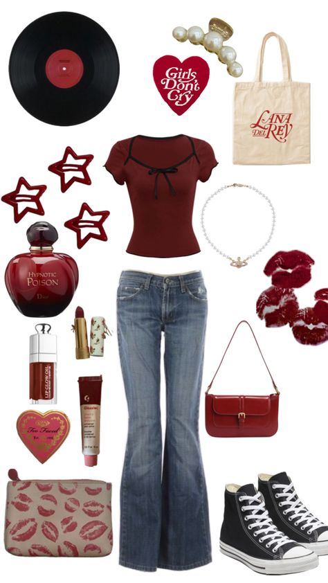 #lana del rey #red #coquette #aesthetic #cherrygirl #darkred #outfit #inspo Red Coquette Aesthetic, Lana Del Rey Red, Coquette Aesthetic Outfit, Red Coquette, Prim And Proper, Estilo Indie, Downtown Outfits, Outfit Inspo Casual, Outfits With Converse