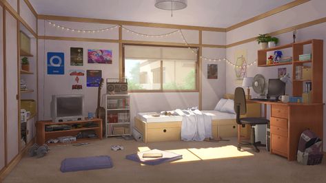 ArtStation - Retro style bedroom, Anastasia Ermakova Study Coding, Japan Bedroom, Retro Style Bedroom, Morning Bedroom, Anime Houses, Anime Bedroom Ideas, Bedroom Illustration, Japanese Bedroom, Anime House