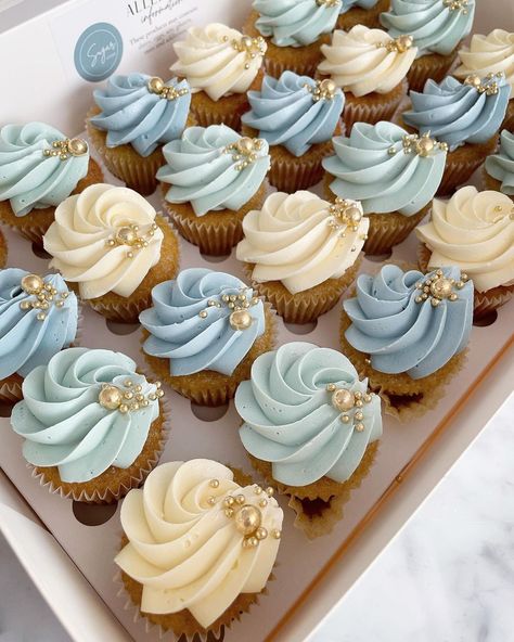 Sky Blue Cupcakes, Pale Blue Cupcakes, Blue Mini Cupcakes, Blue Bridal Shower Cupcakes, Blue Gold Cupcakes, Something Blue Bridal Shower Cupcakes, Blue Birthday Cupcakes For Women, Light Blue And White Cupcakes, Cupcakes Decoration Blue