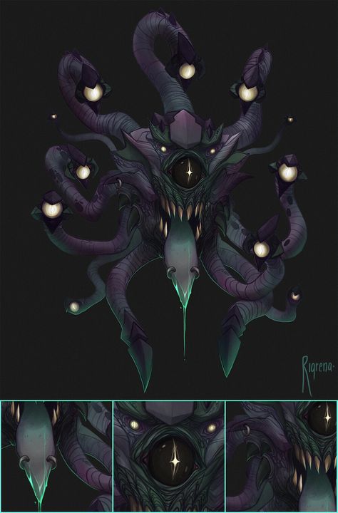 Beholder by Rigrena  Sanja GrbicCommission of a creature called a Beholder Scary Alien Concept Art, Strixhaven Dnd, Monster Tentacles, Creatures Drawing, Space Monster, Body Horror, Beast Creature, Dnd Monsters, Cool Monsters