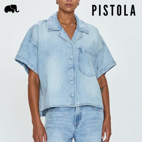 Ready to channel your summer camp vibes? The Pistola Della Denim Camp Shirt in Chateau Wash is your go-to for relaxed, effortless style. With a camp collar neckline, exaggerated dropped shoulders, and a high-low split crop length, this shirt combines comfort with vintage-inspired flair. Crafted from bright, light blue denim with vintage fading, it’s perfect for all your summer adventures. #YourStyleYourStory #Pistola #DenimCampShirt #SummerVibes #EffortlessStyle #VintageFlair #ChicComfort #c... Denim Short Sleeve Shirt Outfit, Short Sleeve Denim Shirt Outfit, Summer Camp Vibes, Denim Short Sleeve Shirt, Short Sleeve Denim Shirt, Camp Vibes, Long Sleeve Kids, Boys Bottoms, Denim Blouse