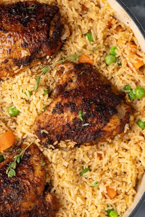 Baked Chicken And Rice Recipes Easy, Baked Chicken Thighs And Rice, Oven Baked Chicken And Rice, Broiled Chicken Thighs, Oven Baked Rice, Baked Chicken And Rice, Chicken Leg Quarter Recipes, Baked Boneless Chicken Thighs, Cajun Chicken And Rice