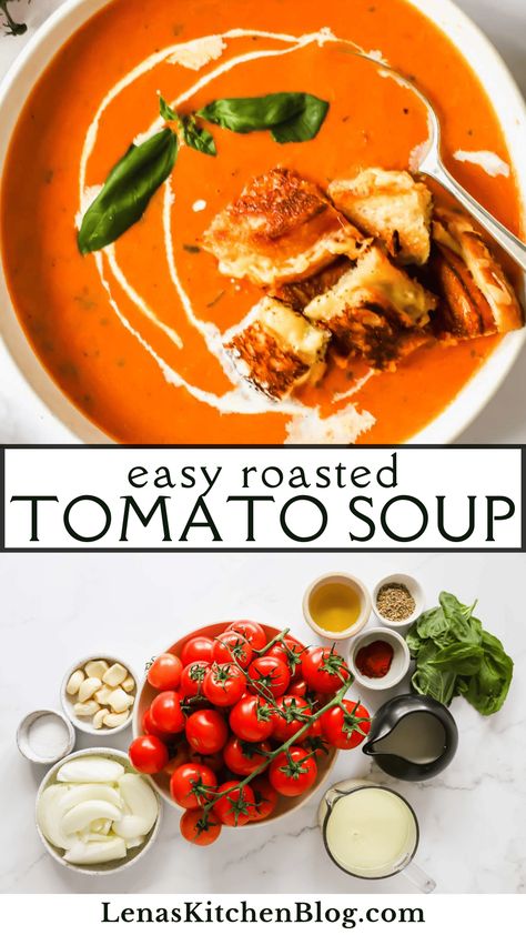 There's nothing quite like a bowl of Roasted Tomato Soup to warm your soul when the weather is cold! This recipe features the rich, sun-kissed flavors of Campari tomatoes, coupled with garlic, onion, and a medley of herbs. Serve it with a garnish of fresh basil and a side of grilled cheese for an ultra-cozy and comforting meal. Best Tomato Soup Recipe With Fresh Tomatoes, Tomato Soup Oven Roasted, Homemade Tomato Soup Gluten Free, Creamy Roasted Tomato Soup Recipe, Roasted Tomatoe Soup Oven, Roma Tomatoes Soup, Tomato Soup Air Fryer, Tomato Soup From Diced Tomatoes, Best Ever Tomato Soup