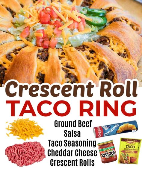 Taco crescent ring recipe is the perfect party food or dinner idea. Everyone loves this beef taco crescent ring and it is so easy. Taco crescent ring recipes are always a hit and this taco crescent ring easy recipe does not disappoint. Try Taco crescent ring pillsbury today. Serve taco crescent ring ground beef and toppings. #eatingonadime #tacocrescentringrecipe Crescent Roll Taco Ring, Taco Crescent Ring, Taco Ring Recipe, Crescent Roll Taco, Ring Recipes, Crescent Ring Recipes, Taco Ring, Eating On A Dime, Delicious Dips Recipes