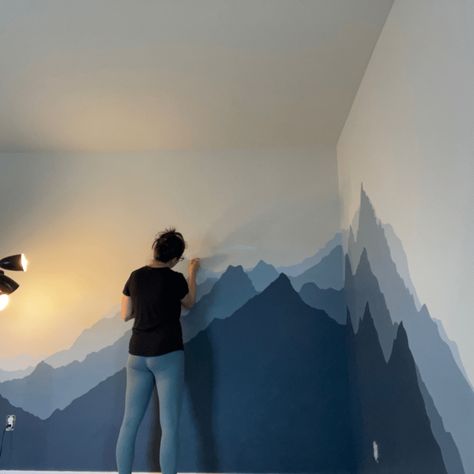 Watercolor Night Sky Tutorial, Night Sky Tutorial, Mountain Wall Painting, Sky Tutorial, Mountain Bedroom, Boys Room Mural, Watercolor Night Sky, Mountain Wall Mural, Wall Murals Diy