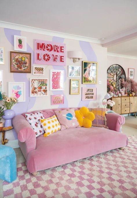 House Design Colourful, Fun Wall Color Ideas, Pink House Inspiration, Colorful Girly Living Room, Fun Apartment Decor Living Room, Funky Furniture Bedroom, Retro Pastel Living Room, Whimsical House Design, Colorful House Ideas