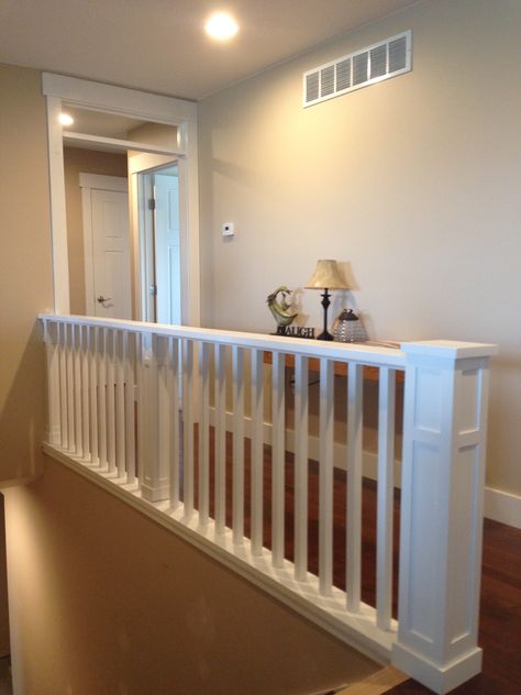 This craftsman style balcony staircase has a custom contemporary handrail, flat panel newel post made of 3/4" S4S poplar and 1 1/4" contemporary balusters. Exterior Brick Makeover, Attic Remodel Before And After, Craftsman Trim Interior, Craftsman Stairs, Balcony Staircase, Craftsman Staircase, Stair Railing Makeover, Farmhouse Staircase, Stair Makeover