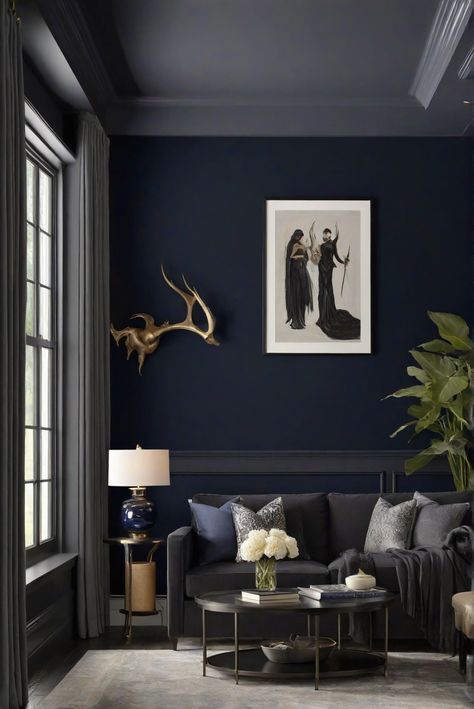 Is Dark Night (SW 6237) wall paint good for a living room? [2024] Top Picks - West Pear Interiors Monochrome Painted Room, Media Room Dark Walls, Dark Painted Living Room Walls, Dark Night Sw Paint, Sw Dark Blue Paint Colors, Sherwin Williams Dark Night Bedroom, Blue Color Drenched Room, Darkest Blue Paint Color, Black Blue Paint Color