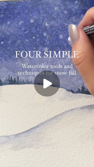 Bree Copley on Instagram: "Here are 4 simple tools and techniques I use to create snowfall with watercolor. You can use them individually or all together like I did to create whimsical winter watercolor landscapes! 💛💛 SHARE with anyone who wants to learn! 1. SALT! It’s one of my favorites to use! I find that sea salt works best. HOW TO USE : apply salt to WET or DAMP paint. The salt will soak up the paint in the areas it is applied to and will leave you will a beautiful negative bloom. Experiment with the size of salt you use. Rock salt will create even bigger blooms and once removed they often look like little snowflake crystals. Only Remove salt once painting is COMPLETELY DRY! 2. Damp q-tip: most people have these in their home so it’s a great tool to use in various ways Watercolor Snow Scenes Easy, Magic Salt And Watercolor Snowflake, Simple Watercolor Techniques, Watercolor Painting Sea, Winter Watercolor Art, Watercolor Snowman Tutorial, Salt And Watercolor Painting, Winter Watercolor Ideas, How To Paint Snow