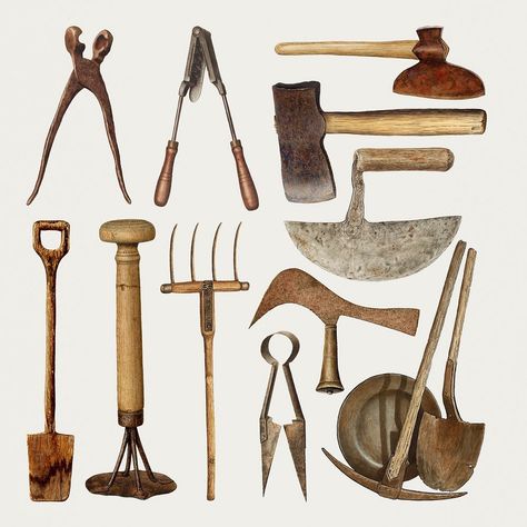 Farm And Garden, Farm Tools, Psd Designs, Vintage Tools, Old Farm, Gardening Tools, Vector Photo, Antique Art, Tool Set