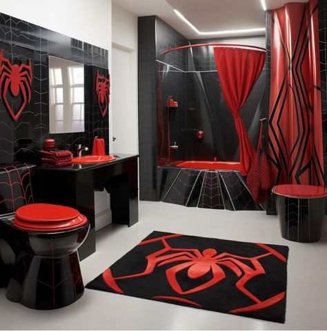 Spider Man House Decor, Spider Man Bathroom Ideas, Marvel Interior Design, Spiderman Bathroom Ideas, Spider Man Bathroom, Spiderman Room Aesthetic, Spider Man Decor, Spider-man Room, Spiderman Bathroom