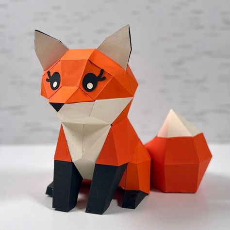 3D Fox with Eyes Origami Insects, Fox Printable, Paper Fox, Origami 3d, Papercraft Templates, 3d Origami, Paper Animals, Cardboard Paper, Paper Folding