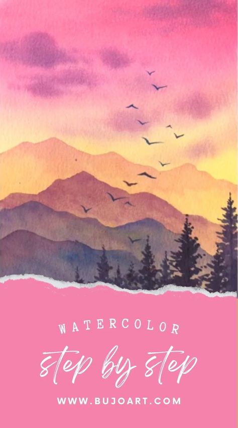 Sunset Mountain Watercolor: A Step-by-Step Tutorial – BUJO ART Fall Watercolor Paintings Landscapes Easy, Mountain Scape Watercolor, Easy Watercolor Mountains How To Paint, Watercolour Landscape Step By Step, Waterfalls Watercolor Paintings, Watercolor Art For Beginners Step By Step Sunset, Watercolor How To Paint, Abstract Watercolor Mountains, Watercolor Sunset Easy Tutorial