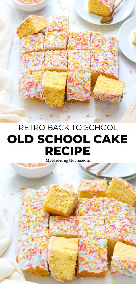 Vanilla sponge traybake with icing is a school dinners pudding loved by many. Plus, this old school cake recipe is so easy and quick to make. School Cake Recipe, Baking Recipes Uk, Old School Cake, Easy Cakes For Kids, School Dinner Recipes, Easy Birthday Cake Recipes, Cake Recipes Uk, Ballerina Cupcakes, Easy Cakes To Make