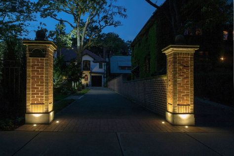 Brick Columns Driveway, Brick Gate, Driveway Brick, Entrance Gates Driveway, Yard Entrance, Landscape Bricks, Brick Pillars, Front Driveway, Mansion Homes