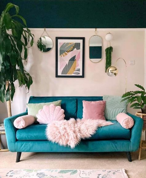 Blue Teal Couch Living Room, Living Room Decor Pink And Blue, Teal Velvet Couch Living Room, Teal Sofa Curtain Ideas, Blue Pink Living Room Decor, Turquoise Aesthetic Living Room, Pink Blue Green Apartment, Teal Sofa Pink Walls, Living Room Turquoise Sofa