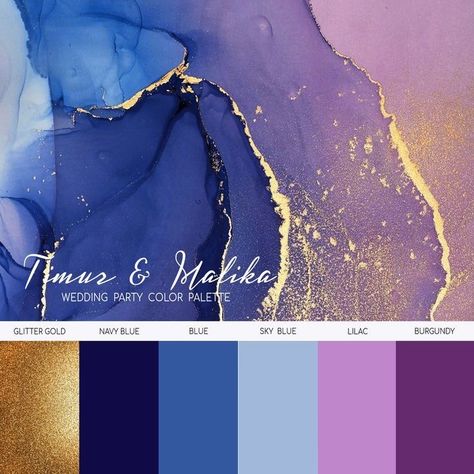 Galaxy Wedding Colors, Blue Purple Gold Color Palette, Galaxy Wedding Decor, Celestial Wedding Color Palette, Purple Gold Palette, Celestial Branding, Galaxy Wedding Theme, Sky Palette, Starry Night Wedding Theme