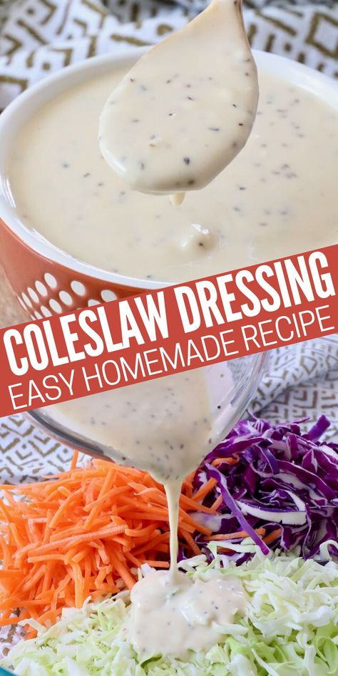 Make the best creamy Coleslaw Dressing with this easy homemade recipe that's so much better than the store-bought stuff! Mix it up with pantry staples in just 5 minutes to make flavorful coleslaw, broccoli salad, and so much more. Easy Coleslaw Dressing, Traditional Coleslaw Recipe, Homemade Coleslaw Dressing, Creamy Coleslaw Dressing, Coleslaw Dressing Recipe, Easy Coleslaw, Coleslaw Recipe Easy, Slaw Dressing, Coleslaw Salad