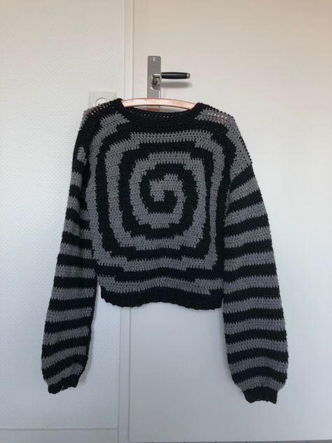 Crochet Oversized Striped Sweater, Purple And Black Crochet Sweater, Crochet Emo Clothes, Grunge Sweater Crochet, Crochet Inspo Sweater, Gothic Crochet Sweater, Mable Pines Sweater Crochet, Spiral Crochet Sweater Pattern, Crochet Aesthetic Sweater