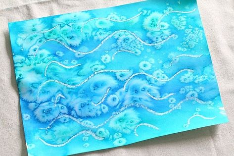 Salt Art For Kids, Watercolor And Salt, Ocean Art Projects, Salt Art, Ocean Projects, Salt Painting, Ocean Waves Art, Ocean Artwork, Ecole Art