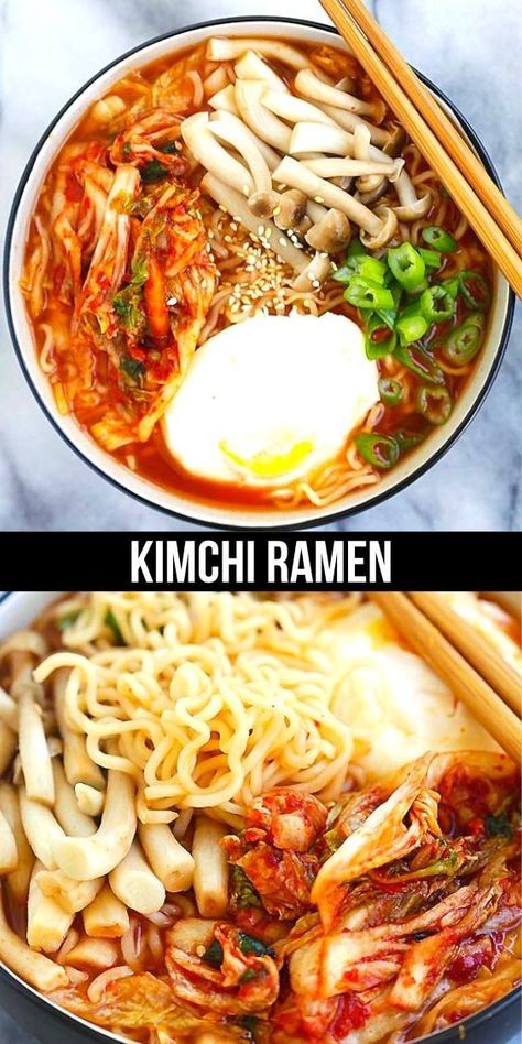 Kimchi Mushroom, Kimchi Ramen Recipe, Spicy Korean Ramen, Koreansk Mad, Ramen Spicy, Easy Kimchi, Kimchi Ramen, Korean Ramen, Simple Family Meals