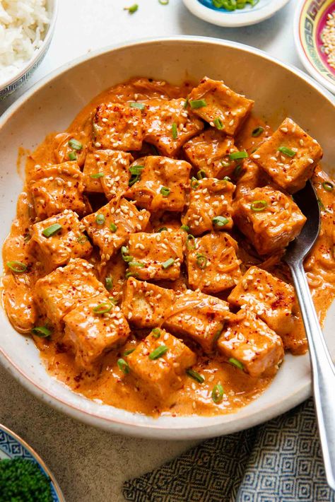 Thai Red Curry Tofu Recipe, Tofu With Coconut Milk, Coconut Milk Tofu Recipes, Tofu And Coconut Milk Recipes, Coconut Milk Tofu, Thai Coconut Curry Tofu, Creamy Tofu Sauce, Harissa Tofu Recipes, Roasted Tofu And Vegetables