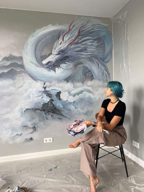 Fantasy Wall Murals Painted, Dragon Mural Paintings, Dragon Wall Painting, Dragon Acrylic Painting, Dragon Mural, Acrylic Wall Painting, Black Representation, Dragon Wall Art, Banksy Graffiti