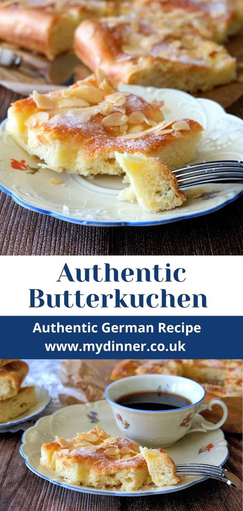 Try this German Butterkuchen recipe in English. This is an Easy German Butter Cake recipe made with yeasted dough, butter, sugar, and almonds. Authentic German Butter Cake. Tastes like from a bakery in Germany. Butter Kuchen Recipe, German Butter Cake, German Pastries, German Food Authentic, Roasted Almond, German Bread, German Cake, German Desserts, German Baking