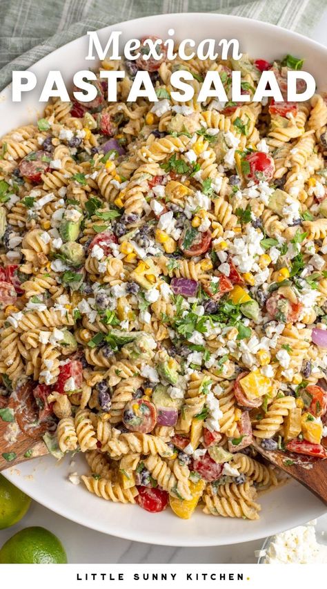 This Vegetarian Mexican Pasta Salad Recipe is so simple to make, packed with veggies, and with the best creamy and flavorful dressing. Marks Feed Store Chicken Pasta Salad, Salad Mexican Recipes, Cold Mexican Salad, Chicken Enchilada Pasta Salad, Mexican Style Pasta Salad, Mexican Orzo Salad, Savory Pasta Salad, July 4th Food Pasta Salad, Mexican Chicken Pasta Salad