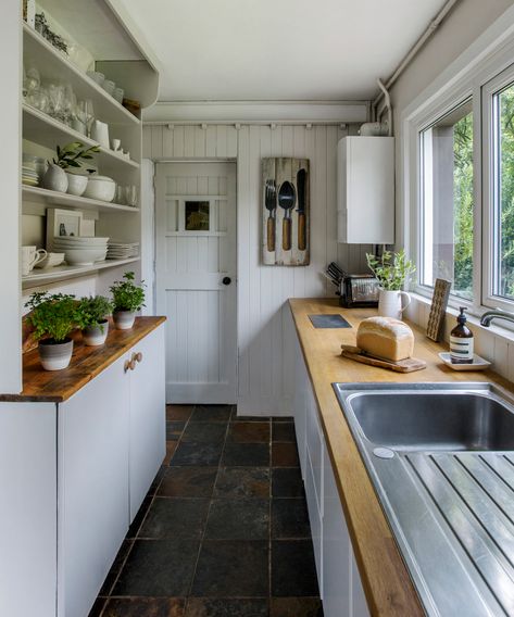 Small Narrow Kitchen, Small Galley Kitchen Ideas Narrow, Galley Kitchen Ideas Narrow, Narrow Kitchen Design, Galley Kitchen Ideas, Surrey House, Galley Kitchen Layout, Small Galley Kitchen, Block Countertops