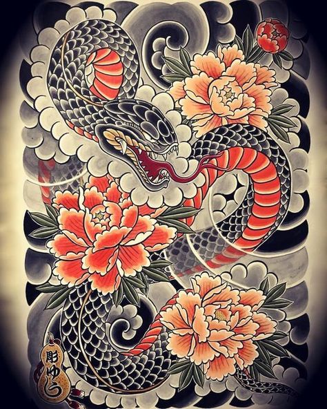 15+ Traditional Japanese Snake Tattoo Designs | PetPress Hannya Maske Tattoo, Yakuza Style Tattoo, Japanese Snake, Snake Tattoo Meaning, Traditional Snake Tattoo, Bodysuit Tattoos, Japanese Snake Tattoo, Guerriero Samurai, Traditional Japanese Tattoo Designs