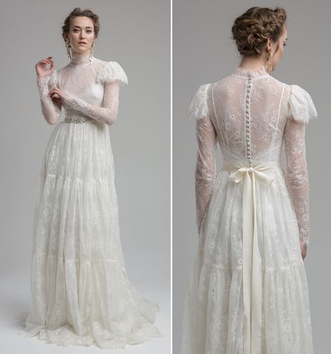 Vintage Sleeved Wedding Dress, Vintage Lace Dress Victorian, Wedding Dress Victorian Style, Katya Katya Bridal, Vintage Wedding Dress Sleeves, Whimsical Lace Wedding Dress, Victorian Inspired Wedding Dress, Victorian Lace Wedding Dress, Vintage Style Wedding Dress