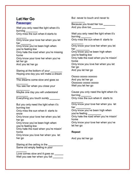 Click to close or click and drag to move Fill In The Blank Songs Lyrics, Song Worksheet, Phonetic Transcription, Fill In The Blank, Rhyming Words, Let Her Go, In Pairs, Songs Lyrics, Transcription