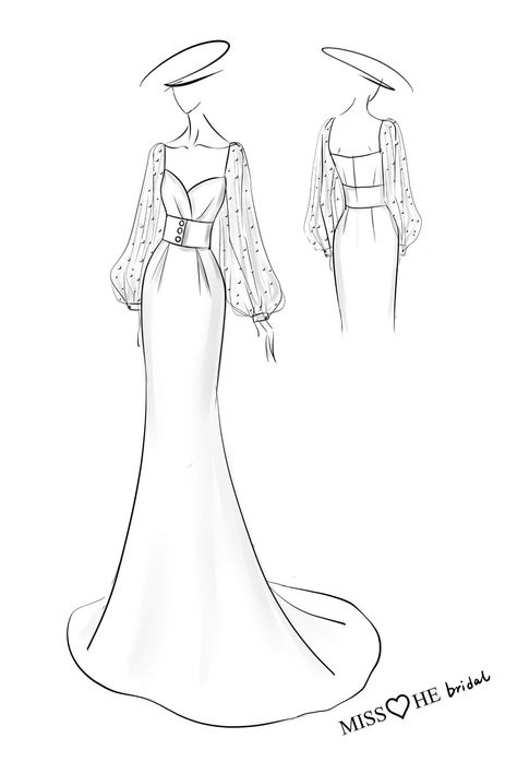 Model Drawing Dress Design, How To Sketch Dress, Sketch Of Dresses Design, Modern Dress Drawing, Modern Fashion Sketches, Dress Design Drawing Ideas, Drawing Of Dresses Sketches, Cloth Designs Ideas, Wedding Dress Sketches Drawing